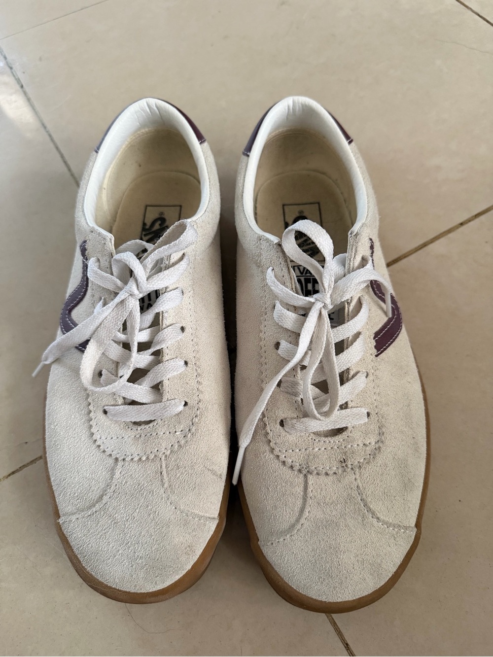 Women’s White Suede Lace-Up Sneakers with Purple Accent